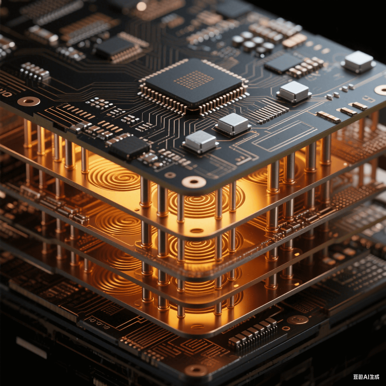 電鏡級HDI板3D堆疊截面，銀灰陶瓷電容嵌入層間介質，螺旋銅孔與散熱銅柱展現(xiàn)2.5D封裝材料界面科學