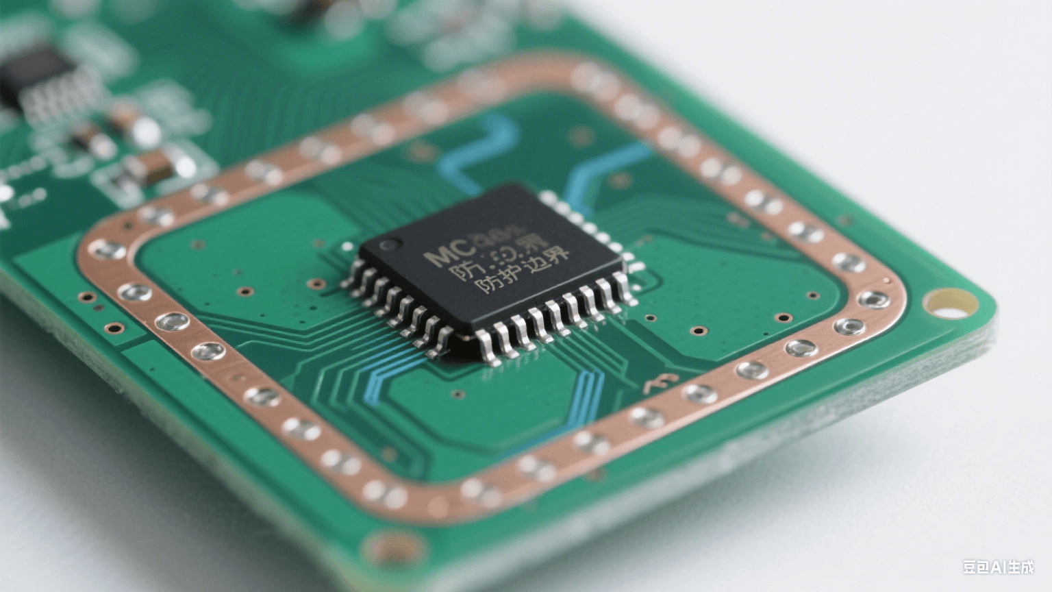 設計階段靜電防護：深綠色 PCB 邊緣有裸銅防護環與接地過孔，中央芯片引腳與銅皮間距大，短直銀線接地面泛淡藍光，冷白光照射顯精密