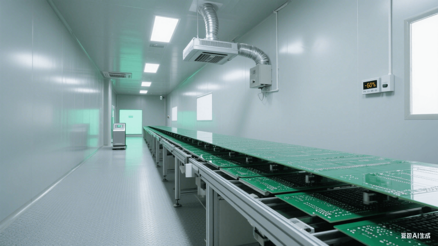 高濕度防靜電：深綠色 PCB 在流水線，頂部銀色除濕裝置吹氣，淺灰防靜電地板，遠處靜電場計泛綠光，冷灰側光顯干燥潔凈