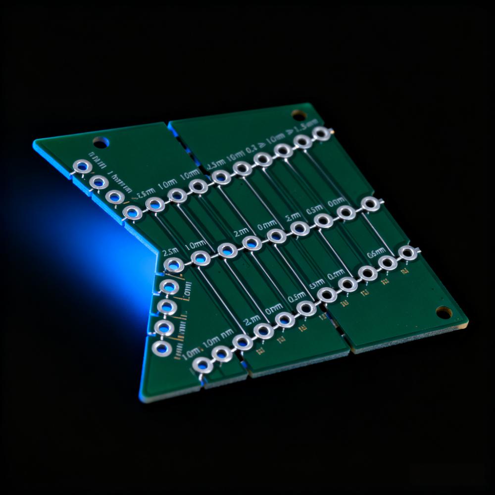 PCB異形拼板郵票孔連接特寫，1.0mm孔徑+2.5mm孔間距，連接筋寬度0.6mm遠離BGA焊盤